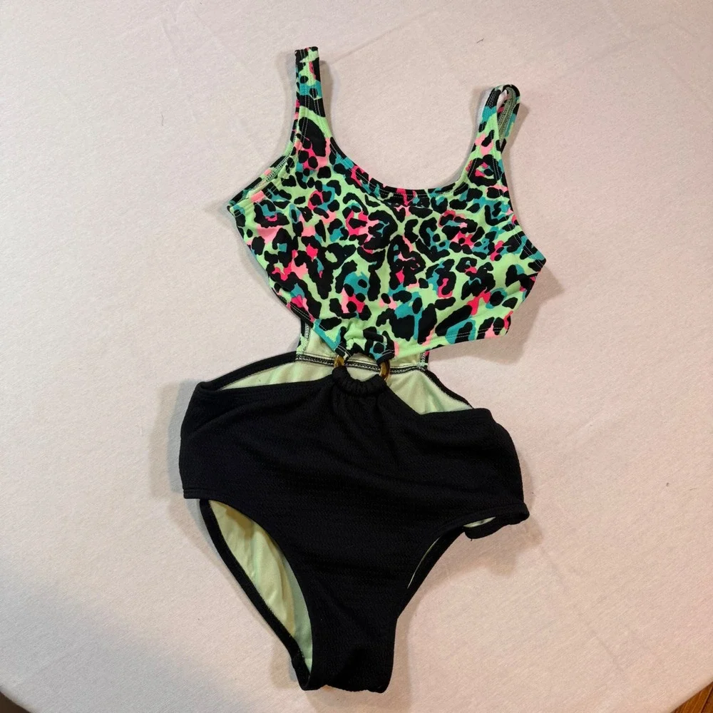 Art Class One Piece Swimsuit Kids L 10/12 Black Neon Leopard Cutout 90s Inspired